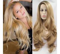 Xiweiya, parrucca con capelli lunghi mossi in fibra sintetica naturale, colore biondo cenere, con riga laterale e cuffia in pizzo, resistente al calore, ideale per tutti i giorni