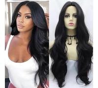 xiweiya Parrucca Nera Con Frontale In Pizzo 13X3, Striscia Al Mezzo, Lunga, Riccia E Ondulata, Sintetica, Resistente Al Calore, Densità 180%, Ideale Per Cosplay E Drag Queens, 60 Cm (24 Pollici).