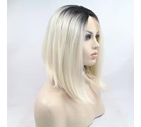 xiweiya Parrucca sintetica a caschetto biondo misto bianco con radice marrone, parrucca sintetica con riga centrale, parrucca morbida di ricambio per capelli da donna, trucco drag queen 35,6 cm