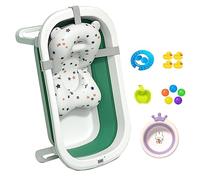 xixi-home Vasca da bagno pieghevole per neonati, portatile, sicura, con cuscino e termometro, mini palline da gioco, supporto antiscivolo, per neonati da 0 a 4 anni (verde)