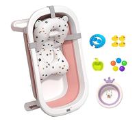 xixi-home Vasca da bagno pieghevole per neonati, portatile, sicura, con cuscino e termometro, mini palline da gioco, supporto antiscivolo, per neonati da 0 a 4 anni (rosa)