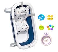 xixi-home Vasca da bagno pieghevole per neonati, portatile, sicura, con cuscino e termometro, mini palline da gioco, supporto antiscivolo, per neonati da 0 a 4 anni (blu navy)