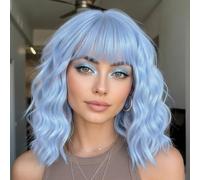 XIXIBI Parrucca a caschetto blu chiaro da donna, parrucca corta ondulata blu con frangia, parrucca sintetica colorata per uso quotidiano, Halloween, feste in costume, cosplay, 35,5 cm