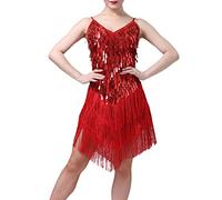 XIXIMAON Abito da ballo latino per donna con paillettes frange abito charleston gatsby anno 20 vintage abito senza maniche scollo a v per ballo cocktail party party, B-red, Taglia unica