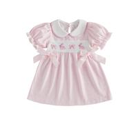 XIXIMAON Abito di Pasqua per bambina, con ricamo a coniglio, da principessa, maniche a sbuffo, vestito da festa e da sera, Rosa a righe, 3-4 Anni