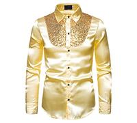 XIXIMAON Camicie da Uomo per Festa Camicia Uomo Smoking con Paillettes e Manica Lunga Camicia Formale da Uomo Camicie Aderente Elegante Casual Shirt Slim Fit per Cerimonia Club Bar (Oro, XL)