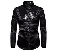 XIXIMAON Camicie da Uomo per Festa Camicia Uomo Smoking con Paillettes e Manica Lunga Camicia Formale da Uomo Camicie Aderente Elegante Casual Shirt Slim Fit per Cerimonia Club Bar (Nero, L)