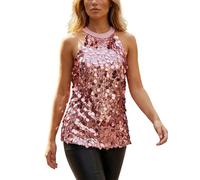 XIXIMAON Canotta con paillettes da donna sexy con paillettes brillanti top senza maniche con scollo a V senza maniche per serata discoteca party Y2K Clubwear, Rosa Collo Halter, XL