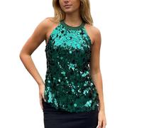 XIXIMAON Canotta con paillettes da donna sexy con paillettes brillanti top senza maniche con scollo a V senza maniche per serata discoteca party Y2K Clubwear, Verde Collo Halter, M
