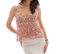 XIXIMAON Canotta con paillettes da donna sexy con paillettes brillanti top senza maniche con scollo a V senza maniche per serata discoteca party Y2K Clubwear, Rosa trasparente, L