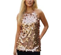 XIXIMAON Canotta con paillettes da donna sexy con paillettes brillanti top senza maniche con scollo a V senza maniche per serata discoteca party Y2K Clubwear, Kaki Collo Halter, M