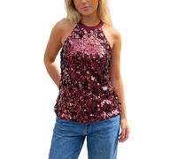 XIXIMAON Canotta con paillettes da donna sexy con paillettes brillanti top senza maniche con scollo a V senza maniche per serata discoteca party Y2K Clubwear, Bordeaux Collo Halter, L