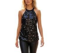 XIXIMAON Canotta con paillettes da donna sexy con paillettes brillanti top senza maniche con scollo a V senza maniche per serata discoteca party Y2K Clubwear, Nero Collo Halter, M