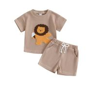 XIXIMAON Carino Baby Boy Vestiti Leone Ricamo Girocollo Manica Corta Top Coulisse Pantaloncini Set 2 pz Bambino Estate Waffle Outfits, cachi, 12-18 Months