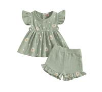 XIXIMAON Carino Baby Girls Abiti Estivi Daisy Stampa Floreale Manica Volante Volante Canotte Canotte Increspature Pantaloncini Elastici Set 2 pz Bambino Ragazza Cotone Lino Set, Verde, 18-24 Months