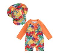 XIXIMAON Costume da bagno per neonato, anti-UV, tuta da nuoto a maniche lunghe e cappello da bagno, set da piscina, spiaggia, immersioni surf, Arancione Dinosauro, 6- 12 mesi