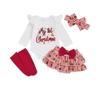 XIXIMAON Costume di Natale per bambina, costume natalizio, completo di vestiti per il mio primo Natale, body + tutù gonna a quadri + leggings + fascia, Bianco My First Christmas, 6-9 Mesi