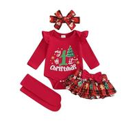 XIXIMAON Costume di Natale per bambina, costume natalizio, completo di vestiti per il mio primo Natale, body + tutù gonna a quadri + leggings + fascia, Rosso My 1st Christmas, 0-3 Mesi