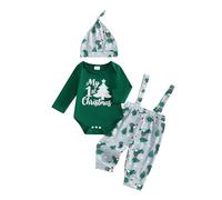 XIXIMAON Costume di Natale per neonato, completo di abbigliamento per il mio primo Natale, body + pantaloni con bretelle + berretto set di 3 pezzi, Verde My First Christmas, 12-18 Mesi
