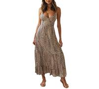 XIXIMAON Donna Elegante Abito Senza Maniche Abito Lungo Stampa Leopardo Sexy da Donna Vestito Estivo Casual da Scollo a V Profondo Abito da Spiaggia Copricostume per Mare (Kaki, M)