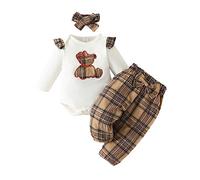XIXIMAON Koala - Set di abbigliamento per neonato, con orsacchiotto, a maniche lunghe e pantaloni a quadri + fascia per 3 pezzi, per autunno e inverno, bianco, 0-3 Mesi
