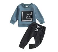 XIXIMAON Mama Is My Bestie - Set di vestiti per neonato, a maniche lunghe, con coulisse, pantaloni lunghi in tinta unita, 2 pezzi, Blu, 6-12 Months