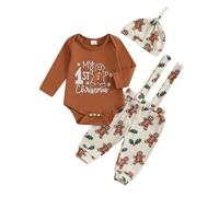 XIXIMAON Set completo di costume di Natale per neonato, travestimento di Natale, abbigliamento per il mio primo Natale, body + pantaloni con bretelle + cappello/cappello pigiama, Marrone My First