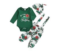 XIXIMAON Set completo di costume di Natale per neonato, travestimento di Natale, abbigliamento per il mio primo Natale, body + pantaloni con bretelle + cappello/cappello pigiama, Verde My First