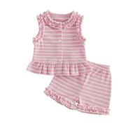 XIXIMAON Set completo estivo per bambina, canottiera a righe con volant, camicia senza maniche, con bottone + pantaloncini a righe, Rosa, 3-4 Anni