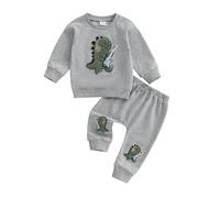 XIXIMAON Set da bambino 2 pezzi, felpa con dinosauri a maniche lunghe + pantaloni a quadretti, per autunno e inverno, grigio, 4-5 anni
