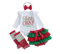 XIXIMAON Set di abbigliamento natalizio per neonata e neonata, completo di 4 body + tutù gonna in tulle + gambale + fascia per costume di Natale, Bianco My First Christmas, 3-6 Meses