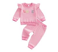 XIXIMAON Tuta da bambina a maniche lunghe + pantaloni da jogging per autunno e inverno, per San Valentino, Rosa a righe Lettera, 6-12 Mesi