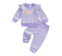 XIXIMAON Tuta da bambina a maniche lunghe + pantaloni da jogging per autunno e inverno, per San Valentino, Viola a righe Lettera, 18-24 Mesi