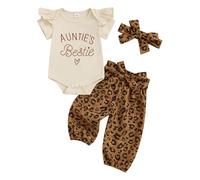 XIXIMAON Tuta estiva per neonata con body a maniche corte con volant e pantaloni leopardati con fascia 3 pezzi, Marrone Leopardo, 0-3 Mesi