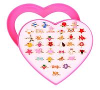 XiXiRan Anello da bambina per bambini, 36 pezzi, regolabile, anello per bambina e ragazza, colore principessa, anelli con scatola di cuore rosa, per bambini favori di festa di compleanno (stile