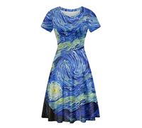 xixirimido Abito casual da donna lunghezza midi elegante swing Puffy prendisole A-line Plus Size S-4XL, Van Gogh cielo stellato, M