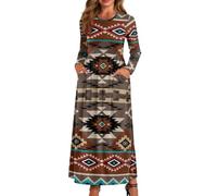xixirimido Abito lungo da donna a maniche lunghe, girocollo, abito lungo | Abito leggero elastico in vita a linea alla caviglia con due tasche laterali Plus Size Dress per abbigliamento casual
