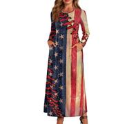 xixirimido Abito lungo da donna a maniche lunghe, girocollo, abito lungo | Abito leggero elastico in vita a linea alla caviglia con due tasche laterali Plus Size Dress per abbigliamento casual