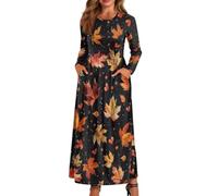 xixirimido Abito lungo da donna a maniche lunghe, girocollo, abito lungo | Abito leggero elastico in vita a linea alla caviglia con due tasche laterali Plus Size Dress per abbigliamento casual