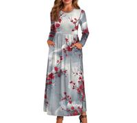 xixirimido Abito lungo da donna a maniche lunghe, girocollo, abito lungo | Abito leggero elastico in vita a linea alla caviglia con due tasche laterali Plus Size Dress per abbigliamento casual
