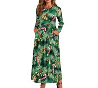 xixirimido Abito lungo da donna a maniche lunghe, girocollo, abito lungo | Abito leggero elastico in vita a linea alla caviglia con due tasche laterali Plus Size Dress per abbigliamento casual