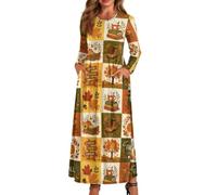 xixirimido Abito lungo da donna a maniche lunghe, girocollo, abito lungo | Abito leggero elastico in vita a linea alla caviglia con due tasche laterali Plus Size Dress per abbigliamento casual