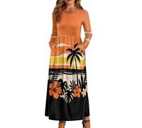 xixirimido Abito lungo da donna a maniche lunghe, girocollo, abito lungo | Abito leggero elastico in vita a linea alla caviglia con due tasche laterali Plus Size Dress per abbigliamento casual