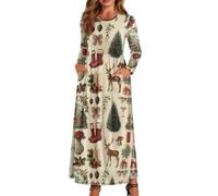 xixirimido Abito lungo da donna a maniche lunghe, girocollo, vestibilità | Abito fluido casual elastico in vita girocollo una linea alla caviglia con due tasche laterali per l'uso quotidiano