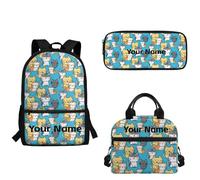xixirimido Bambini Personalizzato Nome con Lunch Bag Matita Sacchetto Ragazze Ragazzi Personalizzato 3Pcs Zaino per la Scuola, Gatti in cartone animato., Taglia unica, Zaino casual