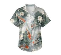 xixirimido Camicia a maniche corte da donna con colletto e bottoni, Ink Lotus Koi Fish Print, L