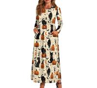 xixirimido Maxi abito da donna a maniche lunghe con scollo rotondo a linea | Abito lungo leggero con elastico in vita e due tasche laterali alla caviglia per abbigliamento casual quotidiano
