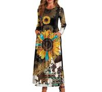 xixirimido Maxi abito da donna a maniche lunghe con scollo rotondo a linea | Abito lungo leggero con elastico in vita e due tasche laterali alla caviglia per abbigliamento casual quotidiano