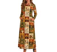 xixirimido Maxi abito da donna a maniche lunghe con scollo rotondo a linea | Abito lungo leggero con elastico in vita e due tasche laterali alla caviglia per abbigliamento casual quotidiano
