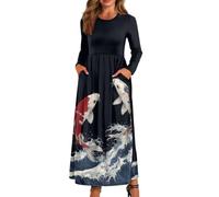 xixirimido Maxi abito da donna a maniche lunghe con scollo rotondo | Abito fluido ad asciugatura rapida Plus Size girocollo elastico in vita alla caviglia con due tasche laterali per l'uso